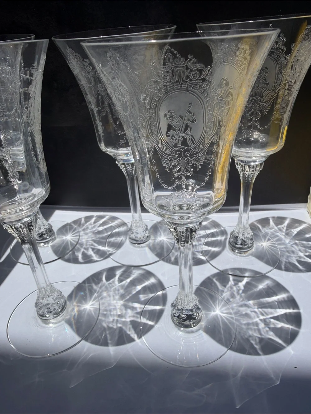 Vintage Elegant Clear Etched Crystal Wine Glasses - Set of 5